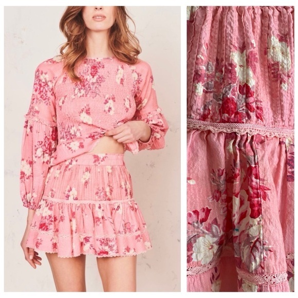 LoveShackFancy Pink Raspberry Floral Jennings Skirt XS